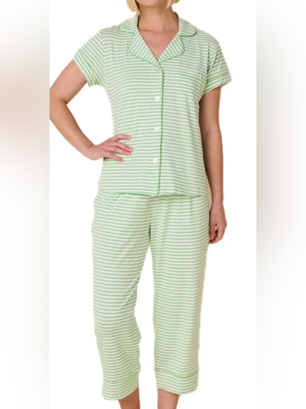 The Cat’s Pajamas Striped Short-Sleeve Pajama Set in Light Green
